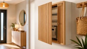 Cache compteur électrique en bois installé dans une entrée